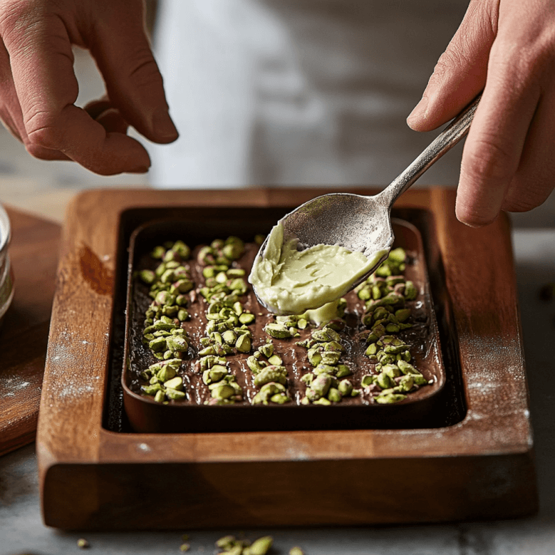 Layering pistachio filling over the chocolate base in molds.